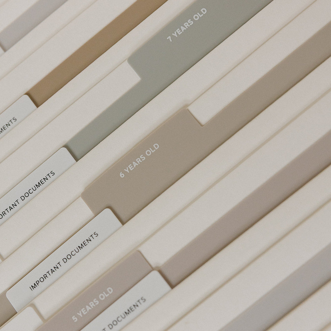 Stack of labeled file folders with text indicating age or category.