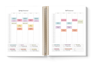 Open planner showing a semester schedule with colorful checkboxes on a white background