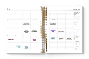 Spiral-bound planner with monthly calendar layout on a white background