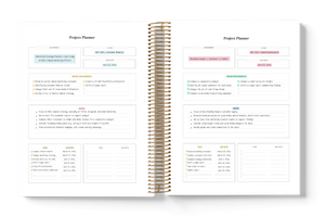 Open spiral-bound planner with project planning pages on a white background