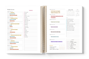 Open planner with weekly overview and calendar on a white background
