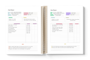 Open spiral-bound planner showing class planner pages with text and dates.
