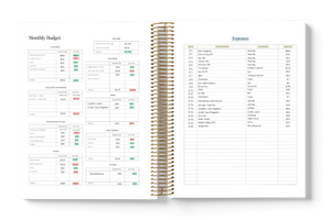 Spiral-bound budget planner with monthly budget and expense tracking sections.