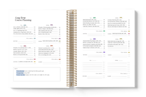 Open planner with long-term course planning on a white background